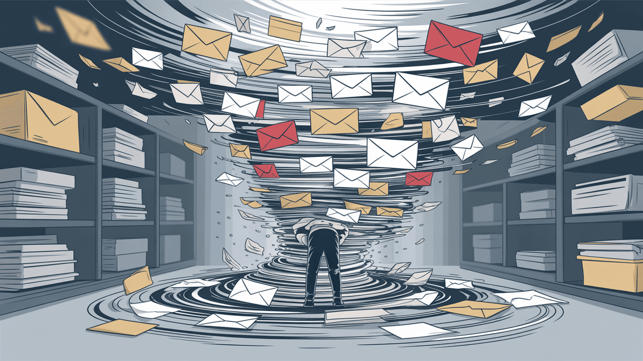 Email storm illustration showing inbox chaos and overwhelming flood of reply-all messages